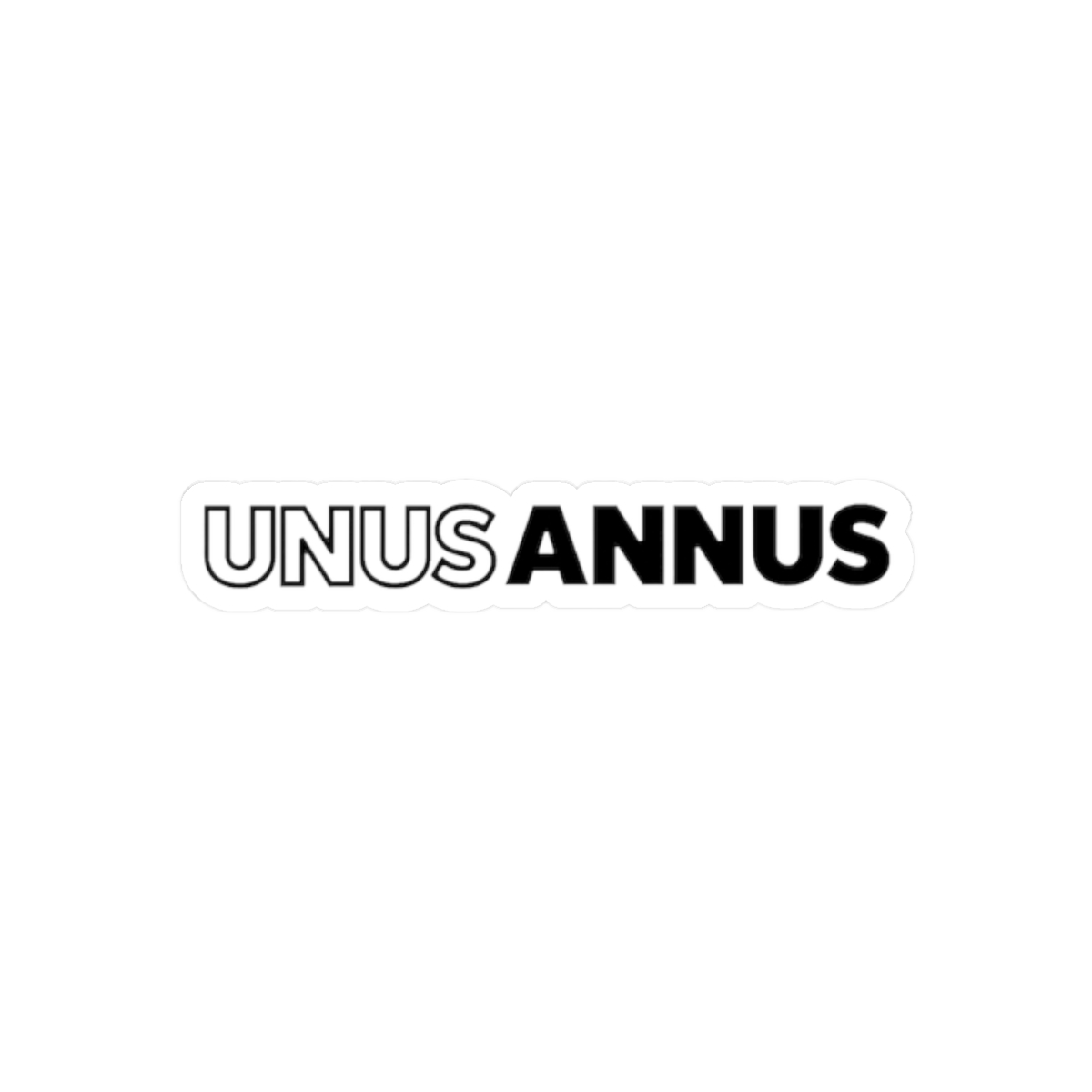 A black car with a white vinyl sticker that says "UNUS ANNUS" on the rear window. - alternate angle 3, merchandise