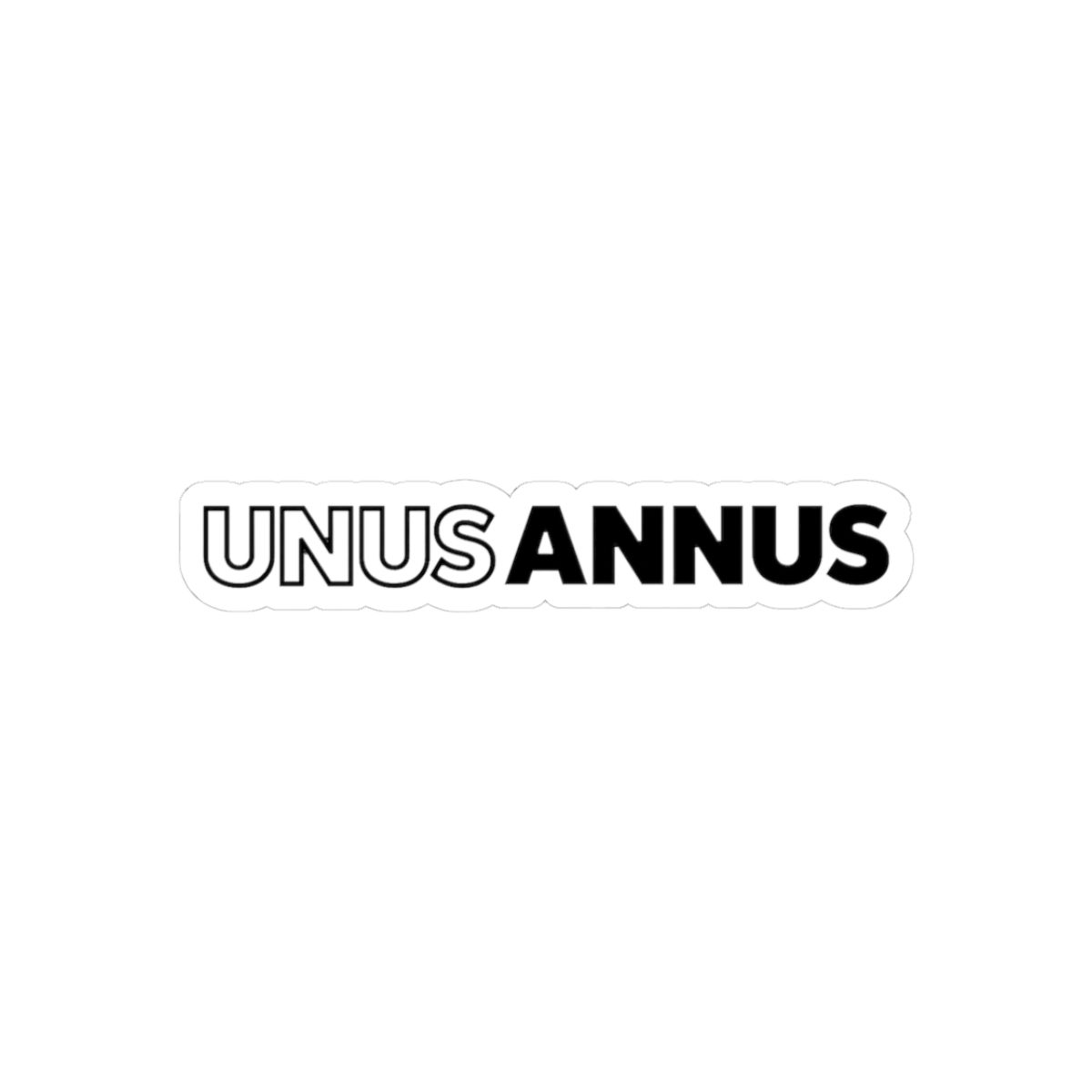 A black car with a white vinyl sticker that says "UNUS ANNUS" on the rear window.