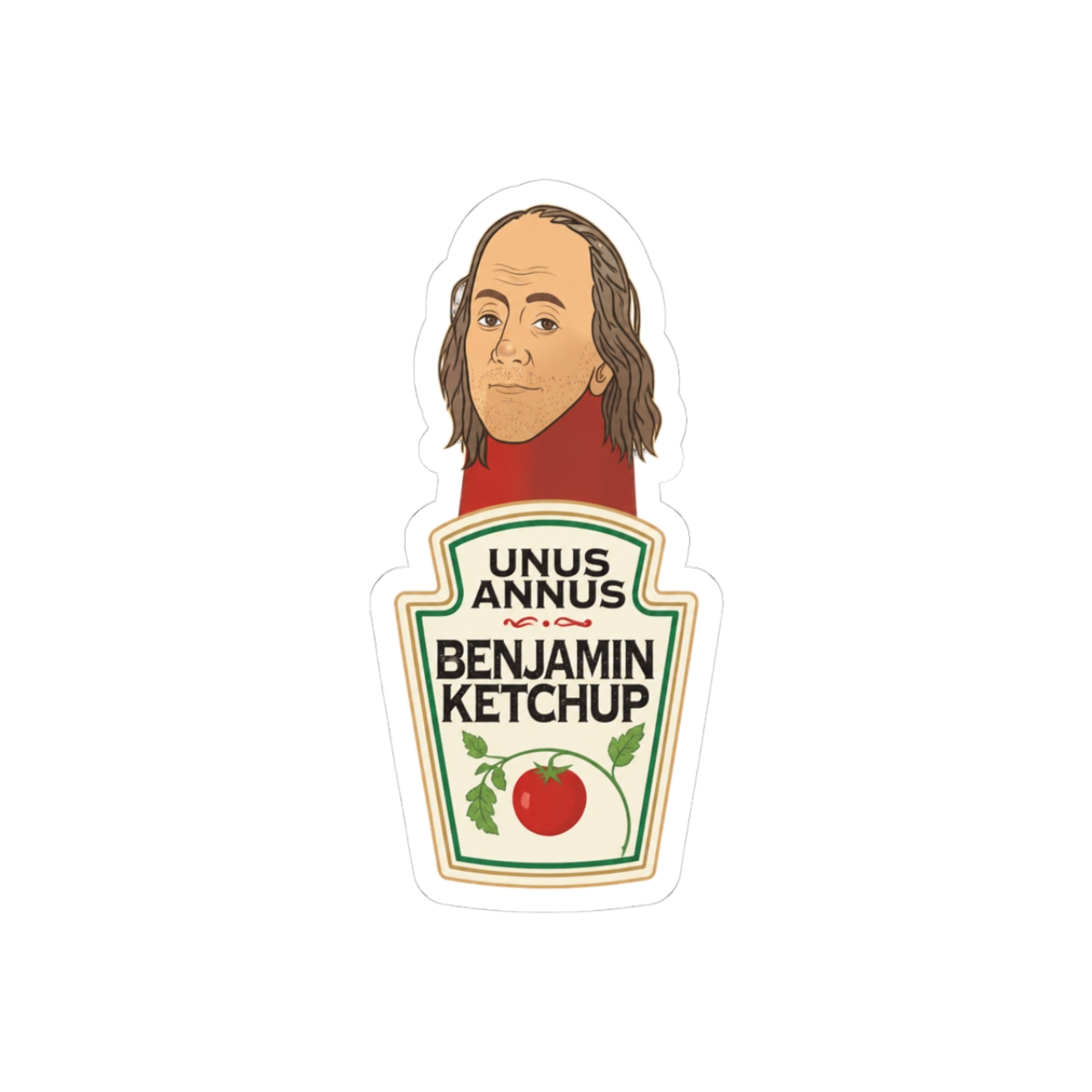 A red ketchup bottle sticker with a white label that says "Unus Annus Est 2020 Benjamin Ketchup". The bottle has a cartoon face of a man with brown hair and a beard