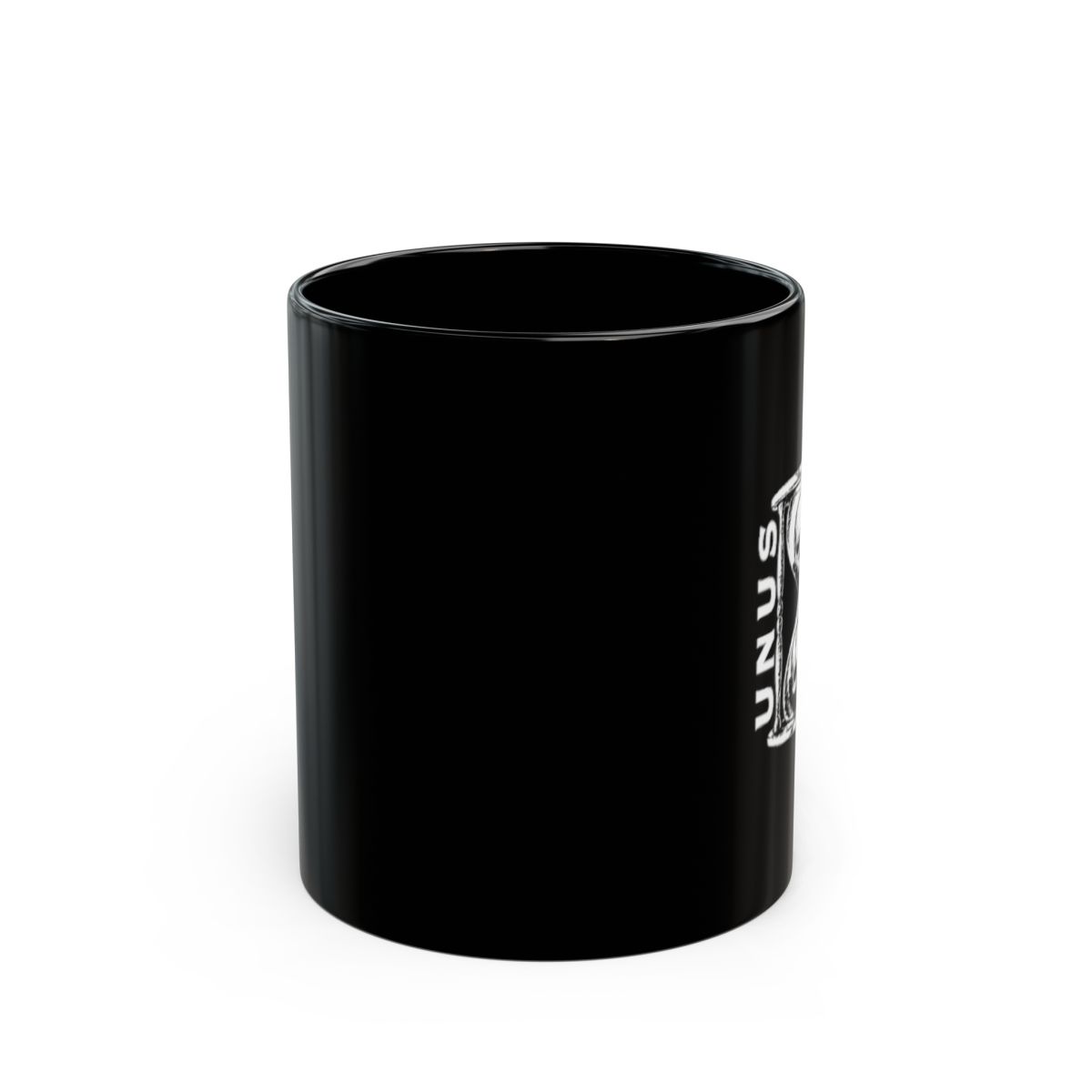 Unus Annus Hourglass Skull Mug | Black Ceramic Coffee Mug | Unnus Annus Merch - alternate angle 1, merchandise